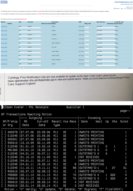 a montage of different interfaces for the screening service from visual, terminals and emails