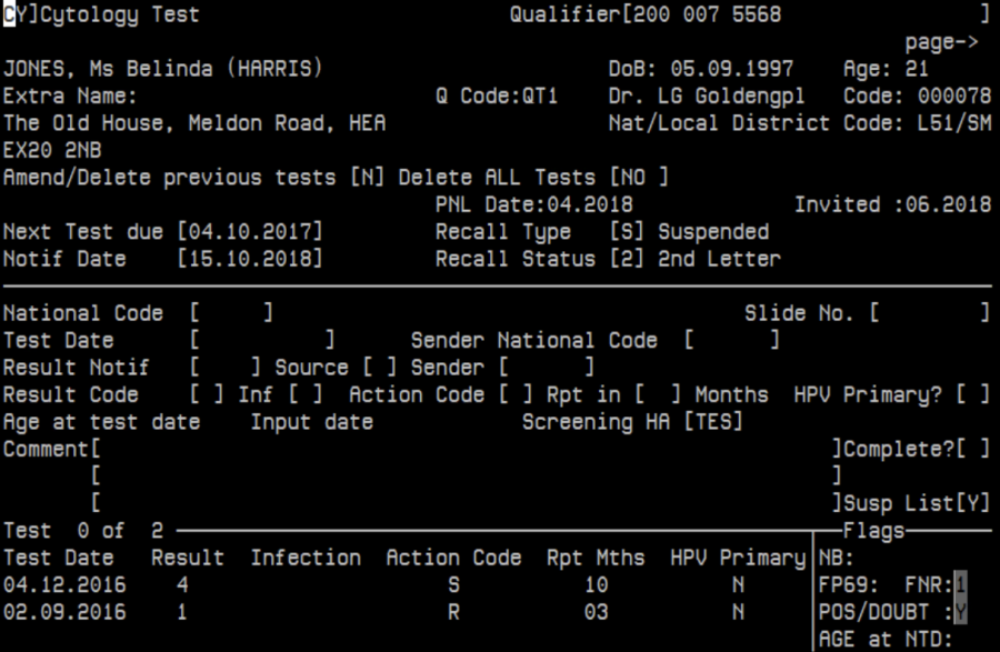 A view of the patient information on the NHAIS cervical screening system